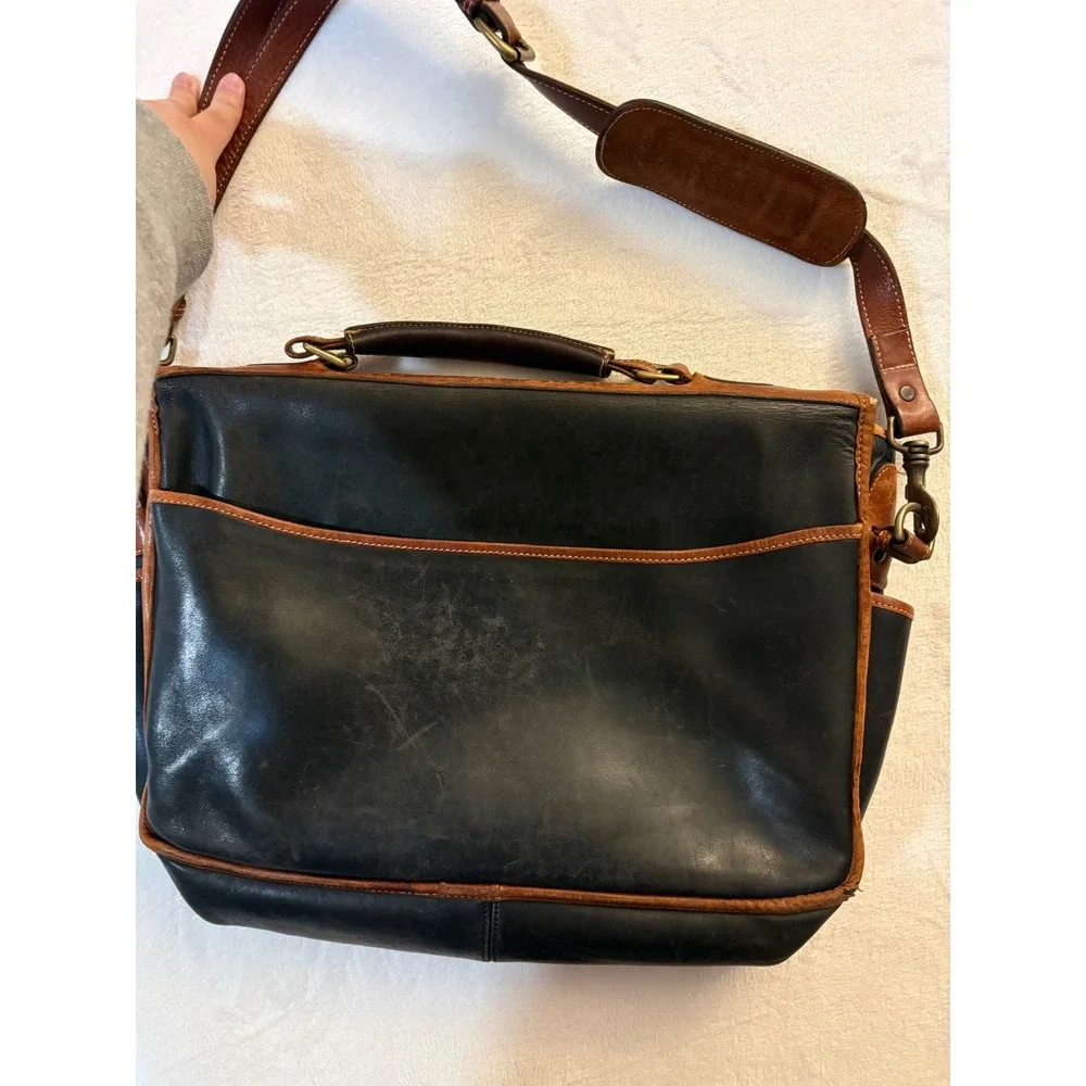 Tusting Made in England Black Tan Leather Messenger Bag Briefcase Laptop Satchel